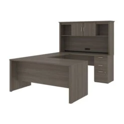 Bestar Logan 66-in U Or L-Desk With Pedestal And Hutch - Bark Grey