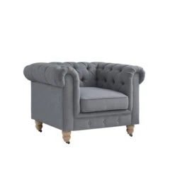 Inspired Home Shabby Chic Macey Chesterfield Club Button Tufted Linen Dark Grey Chair
