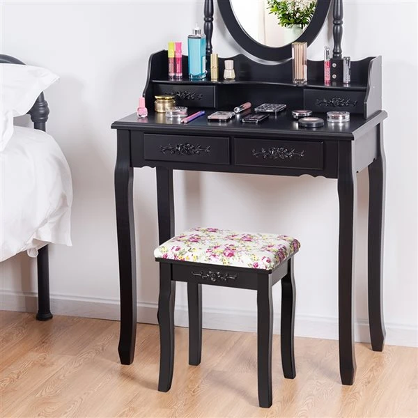 Costway 16-in W X 20-in H Black Rectangular Makeup Vanity Stool With Padded Cushion 4 Costway 16-in W X 20-in H Black Rectangular Makeup Vanity Stool With Padded Cushion - Image 2
