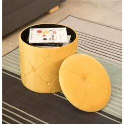 Fabulaxe Modern Yellow Velvet Round Integrated Storage Ottoman -Rona shop 331030823 AlternateImage2 l