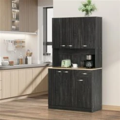 HomCom Black/Natural Composite Freestanding Pantry