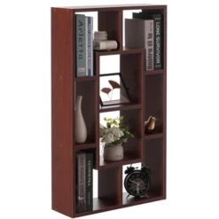 Basicwise Cherry Wood 8-Shelf Floating Bookcase