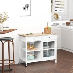 HomCom White Composite Base With Rubberwood Top Kitchen Cart - 19-in X 45.75-in X 34-in